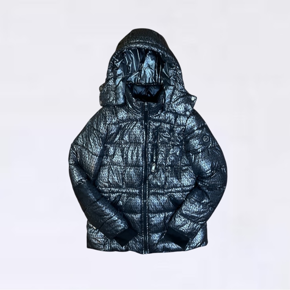 Michael Kors  Metallic Foil Logo Print Puffer Jacket.